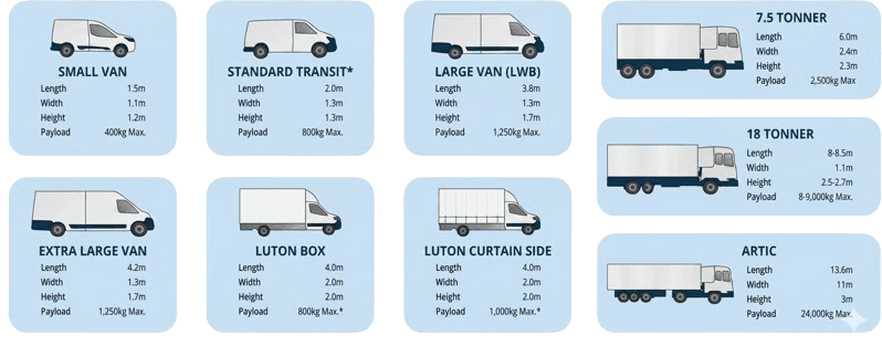 Vehicle size guide showing dimensions and payload for small van, standard transit, large van LWB, 7.5 tonner, 18 tonner, extra large van, luton box, luton curtain side, and articulated lorry